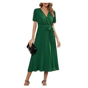 Mansy Women's Elegant Wrap V-Neck Lantern Sleeve Pleated Maxi Dress M